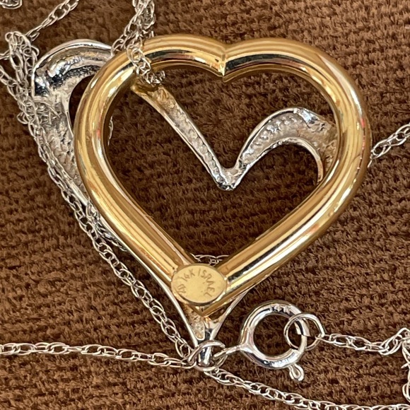 Solid 14K Yellow & White Gold Double 2 Two Hearts Pendant Neck Chain Necklace - Picture 9 of 13